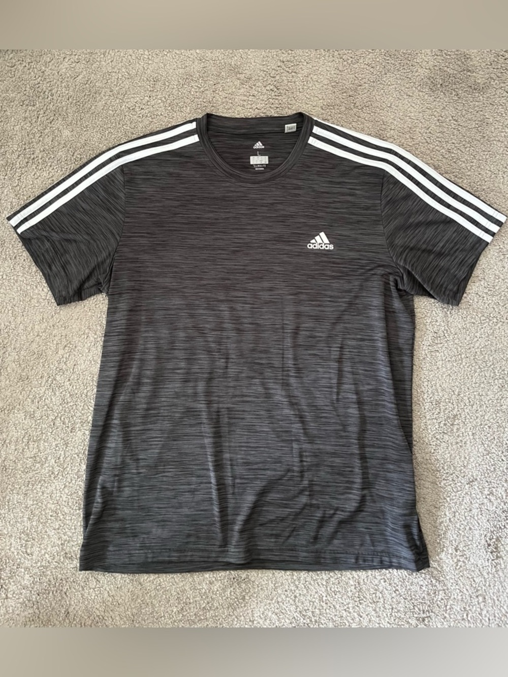 Adidas Black Heather Performance T-Shirt with White Stripes - Men’s Size L